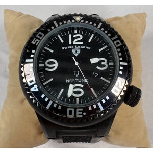 Swiss Legend Neptune Diver Watch Black Stainless Steel Quartz 52mm Used Ticks
